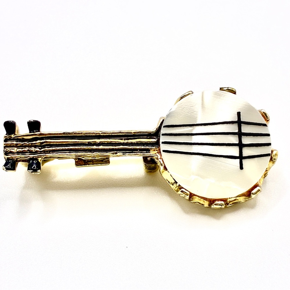 Vintage 1960’s Mother of Pearl Banjo Brooch in Gold Tone 1 1/2” X 1/2” Inches